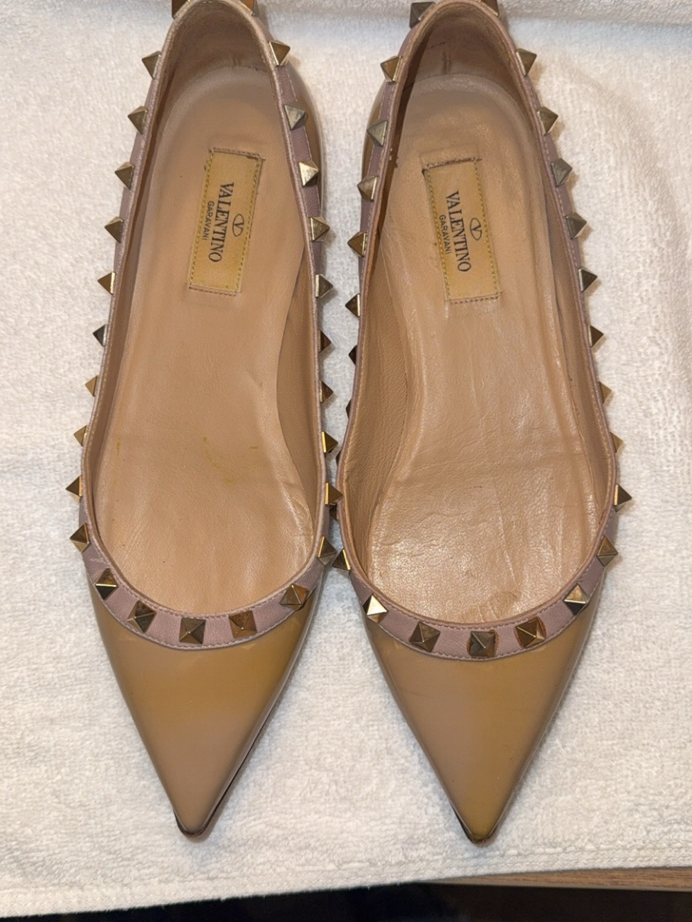 Valentino Tan Pointed Rockstud Leather Ballet Flats